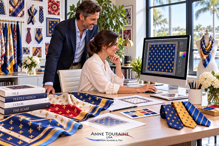 A man and woman collaborate at a desk in a bright textile design studio, working on a computer showing a blue patterned scarf design. The desk is covered with fabric swatches, silk books, and finished blue and yellow patterned scarves and ties.