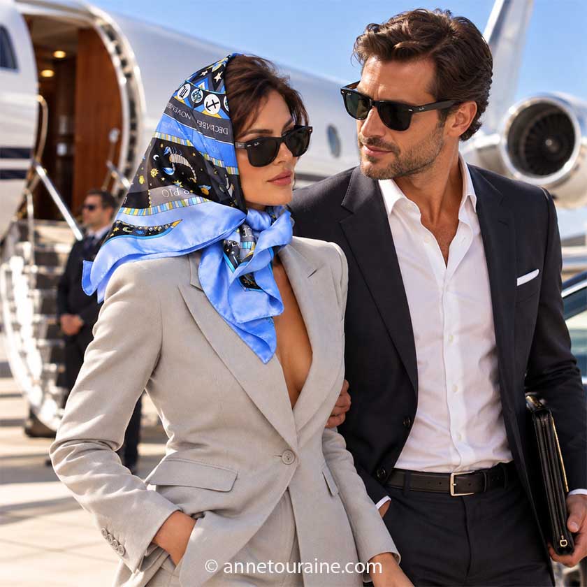 A beautiful brunette is with a man in front of a business jet. She wears on her head, knotted under the chin, an Anne Touraine Paris French silk scarf "astrology" blue.