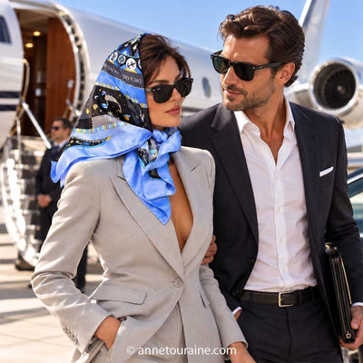 A beautiful brunette is with a man in front of a business jet. She wears on her head, knotted under the chin, an Anne Touraine Paris French silk scarf "astrology" blue.