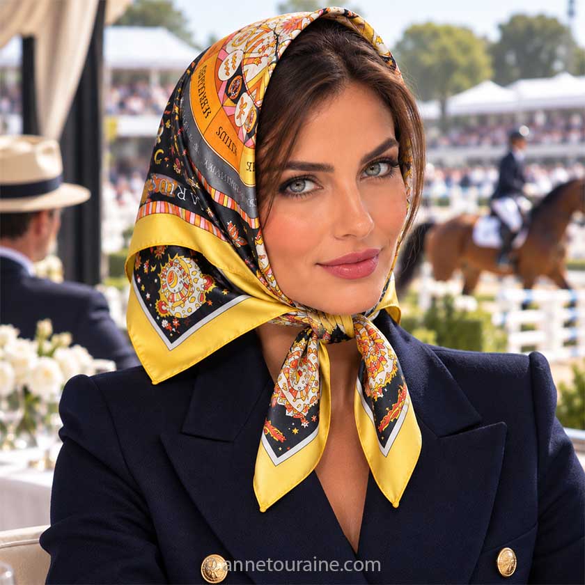 A dark hair woman is at an equestrian competition. She wears on her head an Anne Touraine Paris French silk scarf "astrology" yellow