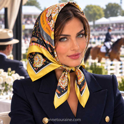 A dark hair woman is at an equestrian competition. She wears on her head an Anne Touraine Paris French silk scarf "astrology" yellow