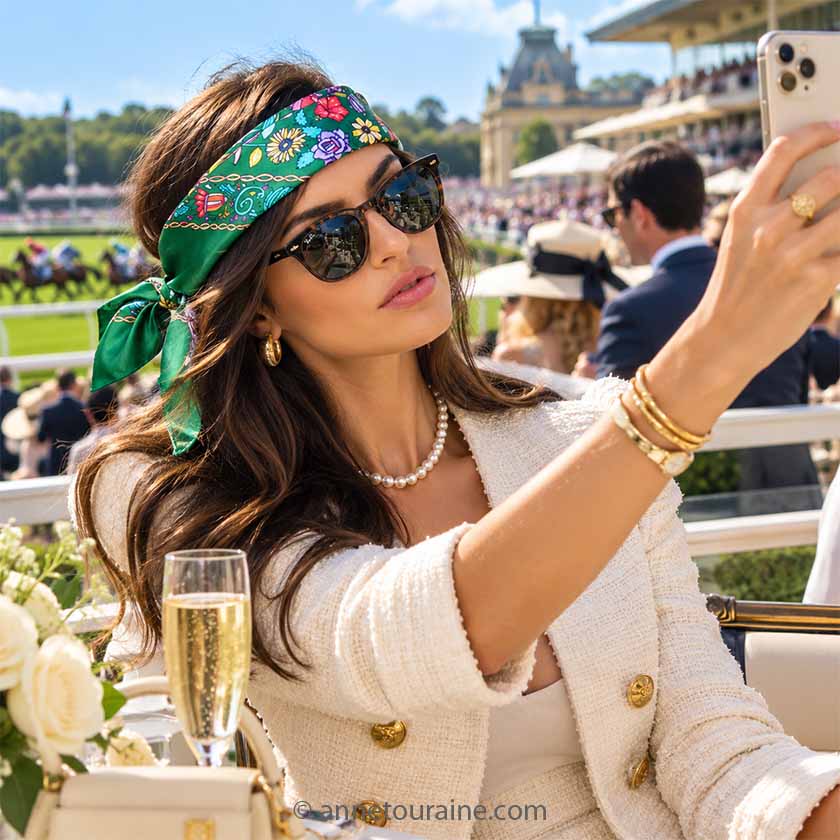 a beautiful dark hair woman in a horse race place is wearing a white jacket and an Anne Touraine Pars "Floral" French green silk scarf as a headband. She pictures herself