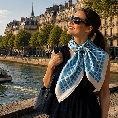 A woman wearing a navy dress and sunglasses stands by the Seine River in Paris, wearing a blue and white patterned xlarge silk satin scarf tied around her neck. collection by anne tourane paris.