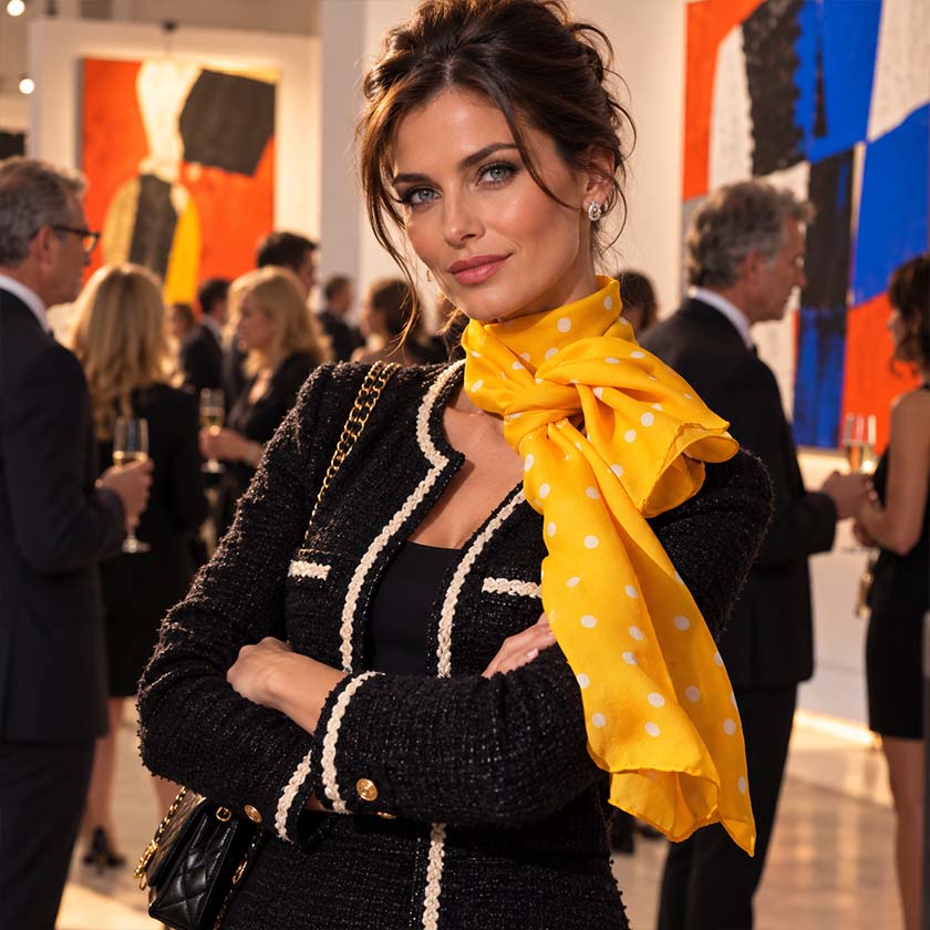 An orange Anne Touraine Paris silk chiffon stole with white polka dot pattern, styled in a loose knot on a plain white background.