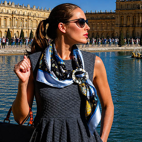 A woman wearing a dark gray quilted dress and black sunglasses models a patterned silk scarf with a large silver mother of pearl scarf ring pendant, set against the backdrop of the Palace of Versailles and its reflecting pool.