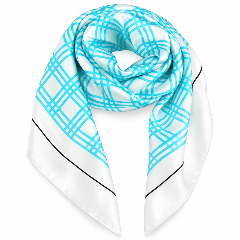A white silk scarf with a turquoise blue plaid pattern and thin black border lines, styled in a loop on a plain white background.