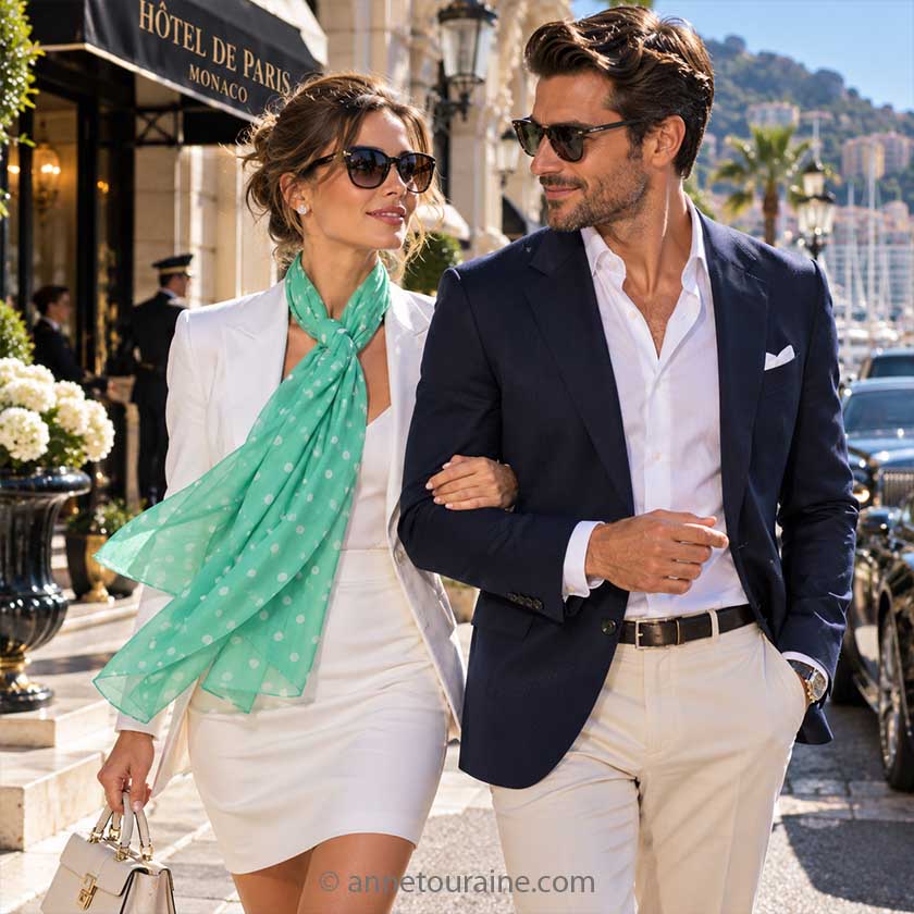 A  turquoise silk chiffon stole with white polka dots is presented with a loose knot on a white background, by Anne Touraine Paris.