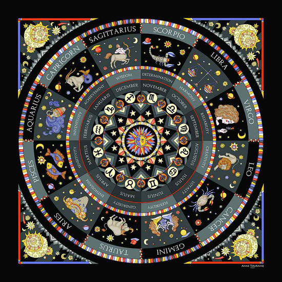 Astrology black scarf featuring the twelve zodiac signs  by ANNE TOURAINE Paris™ scarves (1)