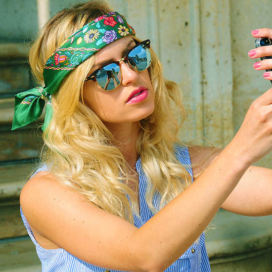 Green floral silk scarf made in France by ANNE TOURAINE Paris™ scarves tied as trendy headband a la Bardot