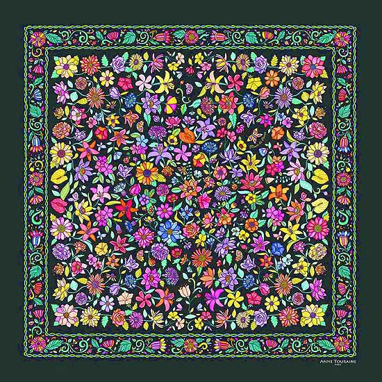 Floral French scarf, 100% silk, grey color, by ANNE TOURAINE Paris™ scarves (2)