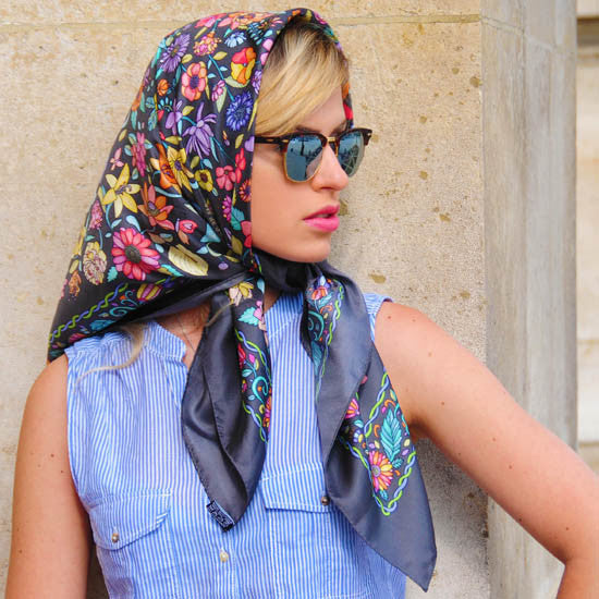 French silk scarves - twill - floral - grey - 36x36 - ANNE TOURAINE Paris™  Scarves & Foulards