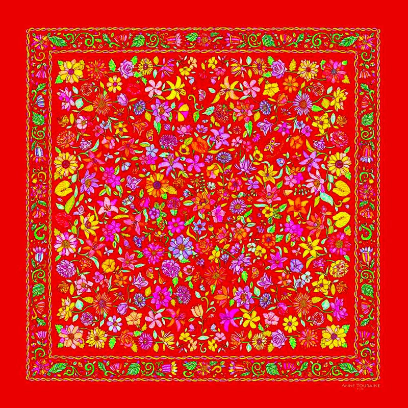 Red Floral scarf, 100% silk twill, made in France by ANNE TOURAINE Paris™ scarves (1)
