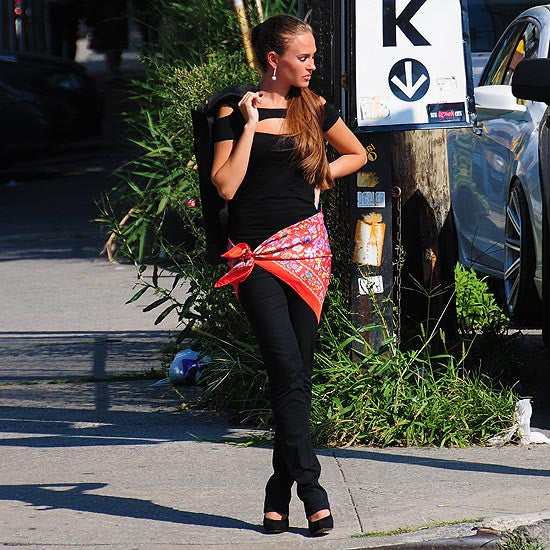 Red Floral scarf, 100% silk twill, made in France by ANNE TOURAINE Paris™ scarves tied as a large silk belt
