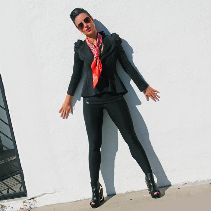 Floral scarves: red orange floral silk scarf by ANNE TOURAINE Paris™ scarves; scarf tied as a tie.