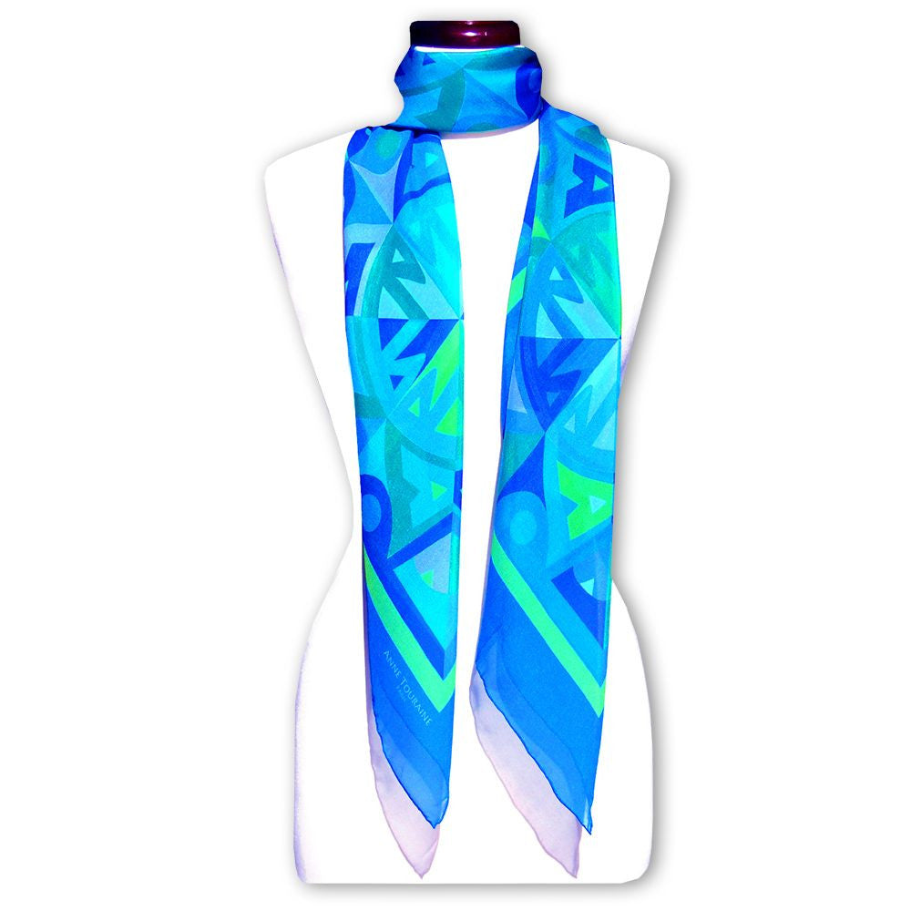 Extra large and lightweight chiffon silk scarf, blue and green color, by ANNE TOURAINE Paris™