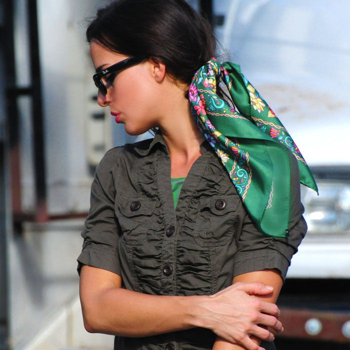 Green floral silk scarf made in France by ANNE TOURAINE Paris™ scarves tied in the hair