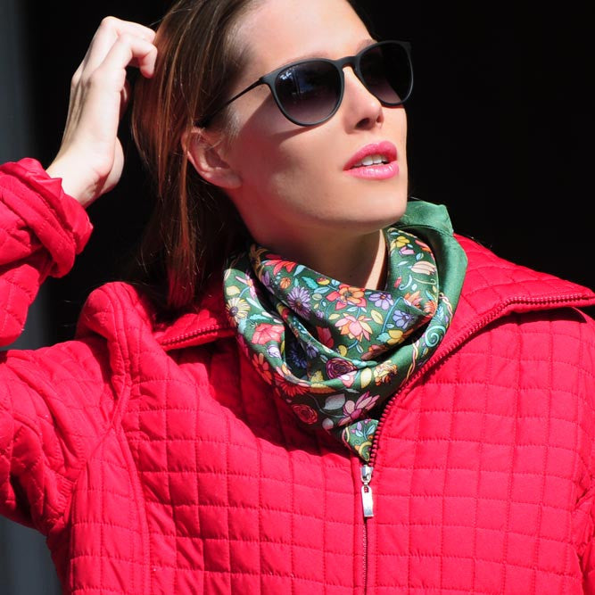 Green floral silk scarf made in France by ANNE TOURAINE Paris™ scarves (tied as a modern kerchief