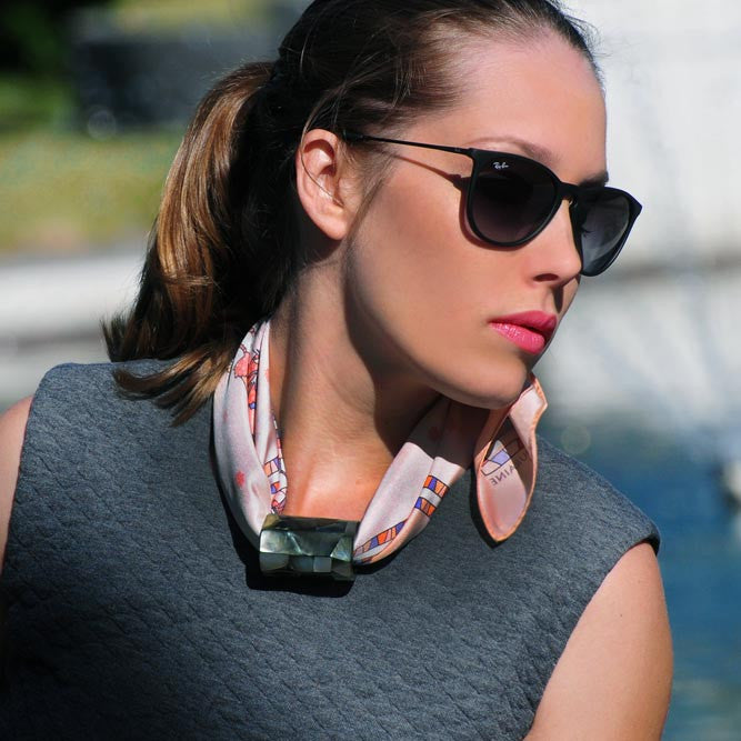 Black mother of pearl scarf pendant, tube shape, with the peach winter inspired silk scarf, black: two unique creations by ANNE TOURAINE Paris™