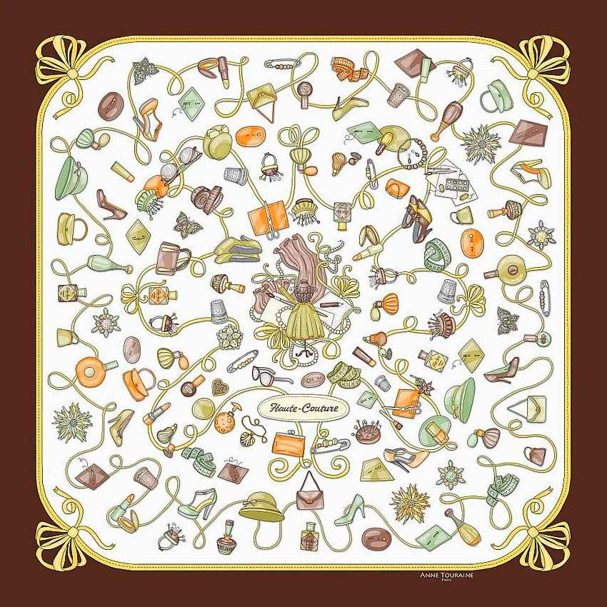 Brown and white silk twill scarf made in France. Size 36X36". Hand rolled hem. Theme: fashion accessories. Scarf by ANNE TOURAINE Paris™ (2)