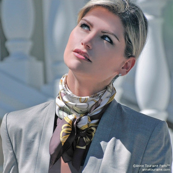 Brown and white silk twill scarf made in France. Size 36X36". Hand rolled hem. Theme: fashion accessories. Scarf by ANNE TOURAINE Paris™ (3)
