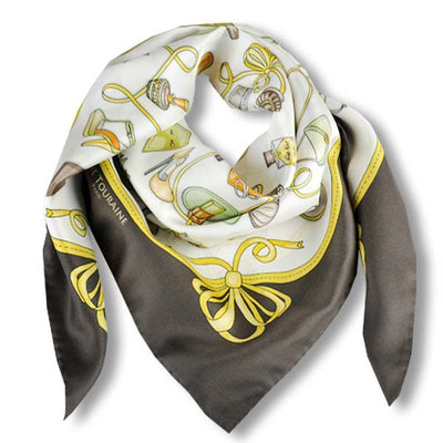 Brown and white silk twill scarf made in France. Size 36X36". Hand rolled hem. Theme: fashion accessories. Scarf by ANNE TOURAINE Paris™ (1)
