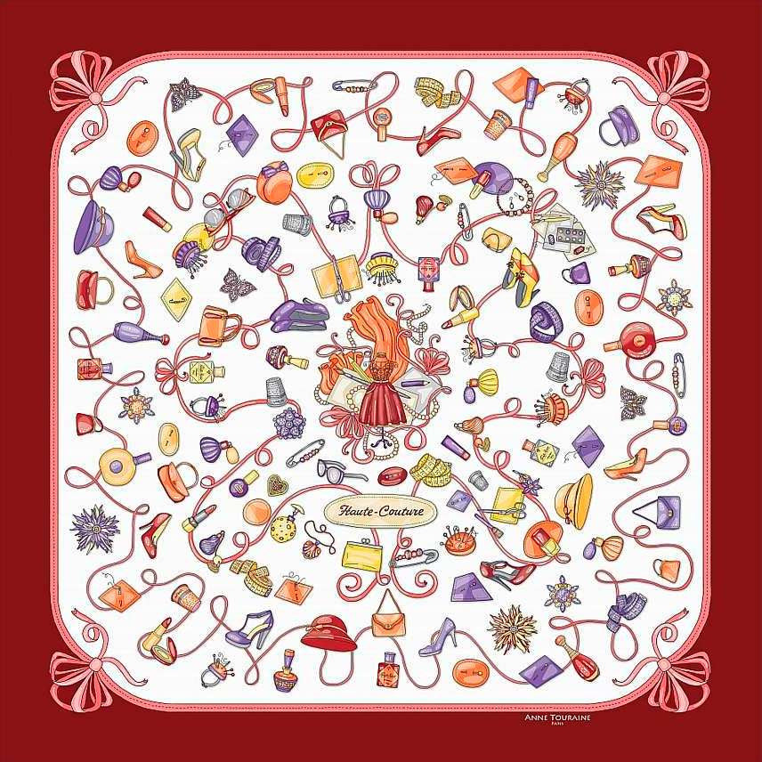 White and deep red silk twill scarf made in France. Size 27x27". Hand rolled hem. Theme: fashion accessories. Scarf by ANNE TOURAINE Paris™ (2)