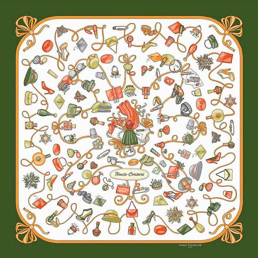 Green and white silk twill scarf made in France. Size 36X36". Hand rolled hem. Theme: fashion accessories. Scarf by ANNE TOURAINE Paris™ (2)