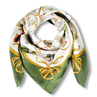Green and white silk twill scarf made in France. Size 36X36". Hand rolled hem. Theme: fashion accessories. Scarf by ANNE TOURAINE Paris™ (1)