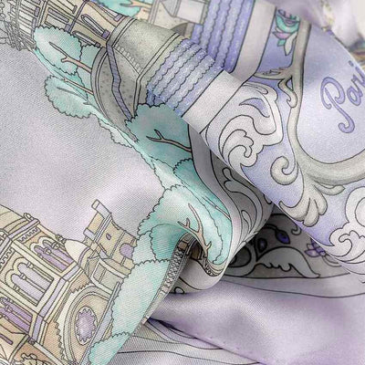 Lavender blue silk twill scarf made in France. Size 36x36". Hand rolled hem.Theme: Paris monuments. Scarf by ANNE TOURAINE Paris™ (6)