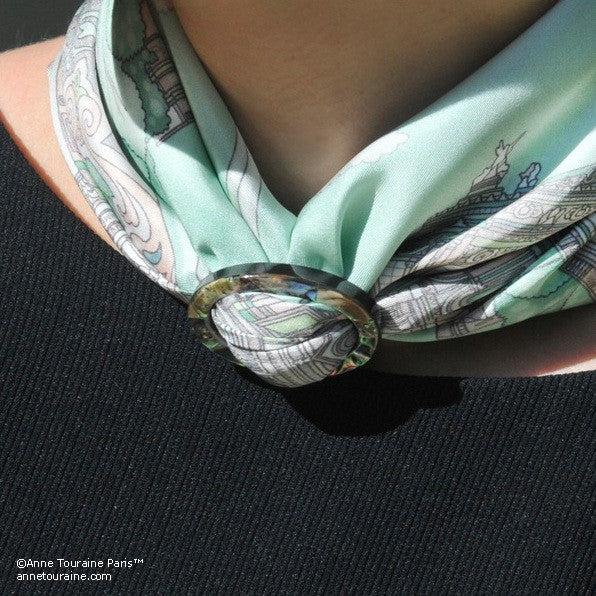 Paua shell handcrafted scarf ring. Medium size. A fun, essential, and versatile complementary to your ANNE TOURAINE Paris™ silk scarves. (3)