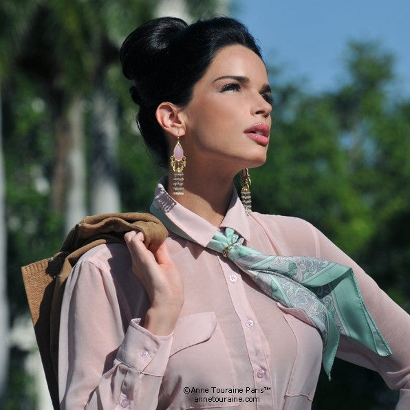 Pastel green silk twill scarf made in France. Size 27x27". Hand rolled hem.Theme: Paris monuments. Scarf by ANNE TOURAINE Paris™ (3)