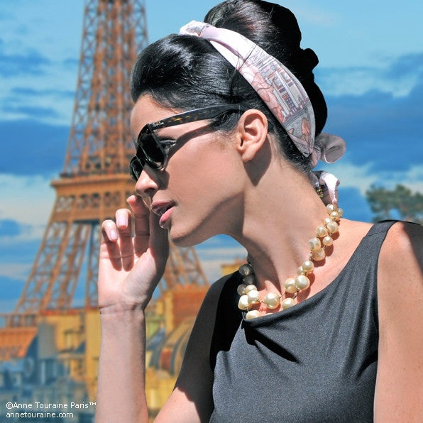 Pastel pink silk twill scarf made in France. Size 27x27". Hand rolled hem.Theme: Paris monuments. Scarf by ANNE TOURAINE Paris™ (5)