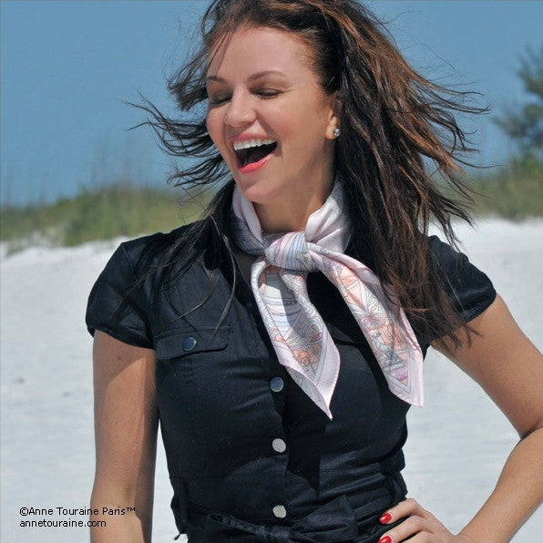 Pastel pink silk twill scarf made in France. Size 27x27". Hand rolled hem.Theme: Paris monuments. Scarf by ANNE TOURAINE Paris™ (4)