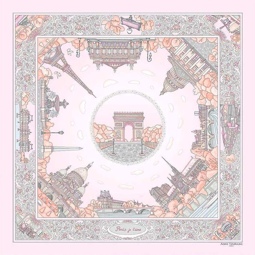 Pastel pink silk twill scarf made in France. Size 27x27". Hand rolled hem.Theme: Paris monuments. Scarf by ANNE TOURAINE Paris™ (1)