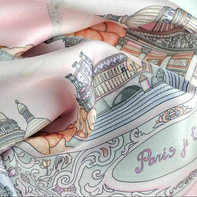 Pastel pink silk twill scarf made in France. Size 27x27". Hand rolled hem.Theme: Paris monuments. Scarf by ANNE TOURAINE Paris™ (6)