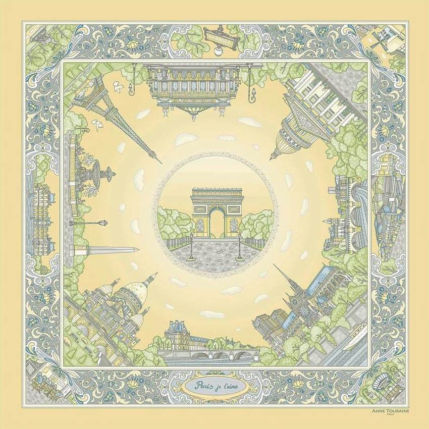 Pastel yellow silk twill scarf made in France. Size 36x36". Hand rolled hem.Theme: Paris monuments. Scarf by ANNE TOURAINE Paris™ (2)