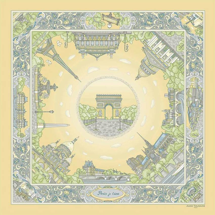 Pastel yellow silk twill scarf made in France. Size 36x36". Hand rolled hem.Theme: Paris monuments. Scarf by ANNE TOURAINE Paris™ (1)