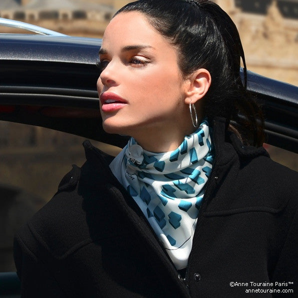 Teal and white silk twill scarf with geometrical design. Made in France. Size 27x27". Hand rolled hem. Scarf by ANNE TOURAINE Paris™ (3)