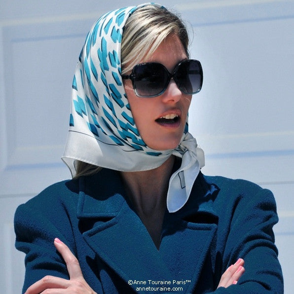 Teal and white silk twill scarf with geometrical design. Made in France. Size 27x27". Hand rolled hem. Scarf by ANNE TOURAINE Paris™ (5)