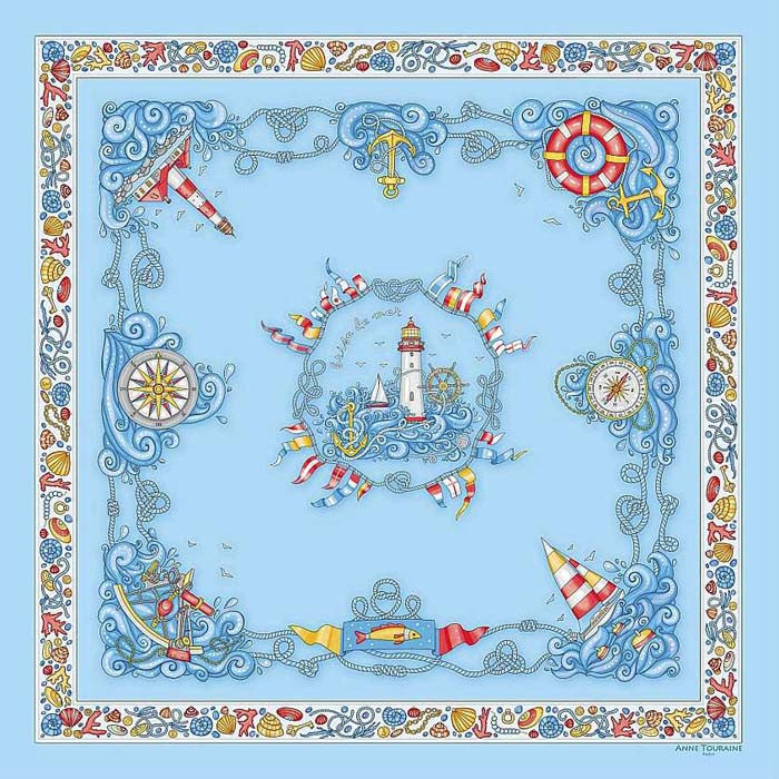 Light blue silk twill scarf made in France. Size 27x27". Hand rolled hem. Nautical theme. Scarf by ANNE TOURAINE Paris™ (2)