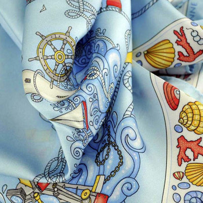 Light blue silk twill scarf made in France. Size 27x27". Hand rolled hem. Nautical theme. Scarf by ANNE TOURAINE Paris™ (6)