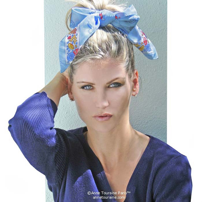 Light blue silk twill scarf made in France. Size 27x27". Hand rolled hem. Nautical theme. Scarf by ANNE TOURAINE Paris™ (3)