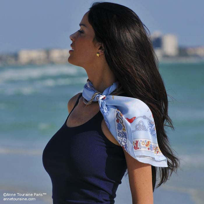 Light blue silk twill scarf made in France. Size 27x27". Hand rolled hem. Nautical theme. Scarf by ANNE TOURAINE Paris™ (5)