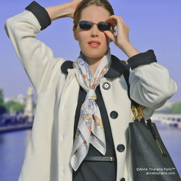 Light grey silk twill scarf made in France. Size 36x36". Hand rolled hem. Nautical theme. Scarf by ANNE TOURAINE Paris™ (3)