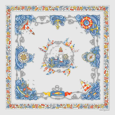 Light grey silk twill scarf made in France. Size 36x36". Hand rolled hem. Nautical theme. Scarf by ANNE TOURAINE Paris™ (2)