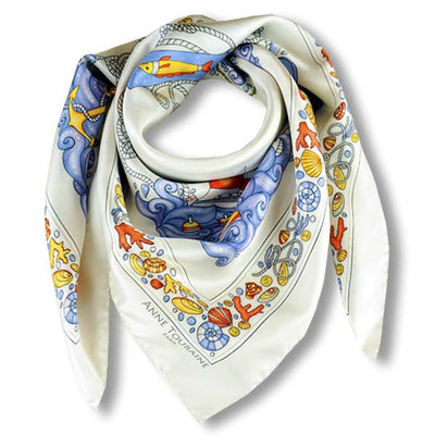 Light grey silk twill scarf made in France. Size 36x36". Hand rolled hem. Nautical theme. Scarf by ANNE TOURAINE Paris™ (1)