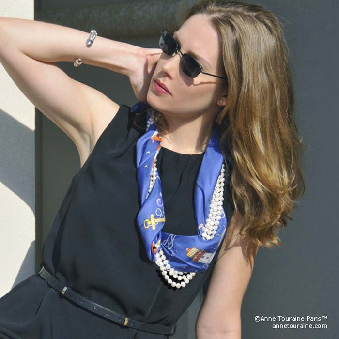 Ocean blue silk twill scarf made in France. Size 36x36". Hand rolled hem. Nautical theme. Scarf by ANNE TOURAINE Paris™ (4)