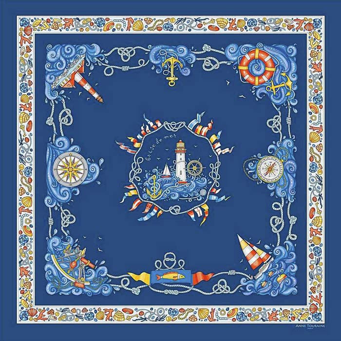 Ocean blue silk twill scarf made in France. Size 36x36". Hand rolled hem. Nautical theme. Scarf by ANNE TOURAINE Paris™ (2)