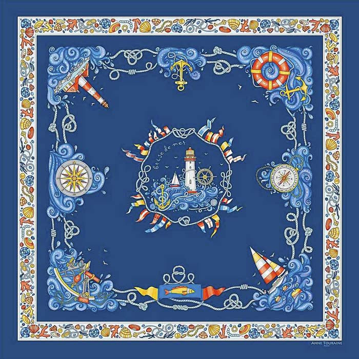 Ocean blue silk twill scarf made in France. Size 36x36". Hand rolled hem. Nautical theme. Scarf by ANNE TOURAINE Paris™ (1)