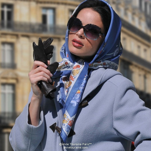 Ocean blue silk twill scarf made in France. Size 36x36". Hand rolled hem. Nautical theme. Scarf by ANNE TOURAINE Paris™ (5)